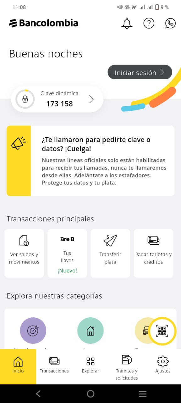 Pantalla de Login Bancolombia
