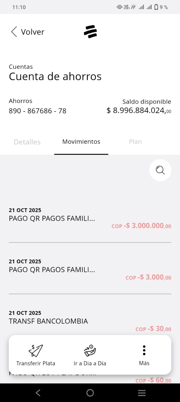 Pantalla de Movimientos Bancolombia